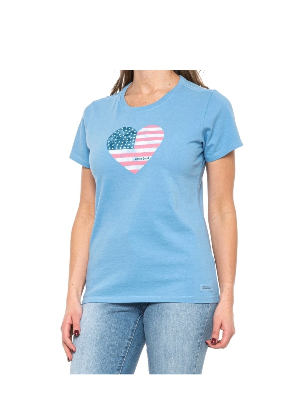 Life is Good Womens XL Americana Love Heart Flag USA Blue SS Crusher Tee Flaw!